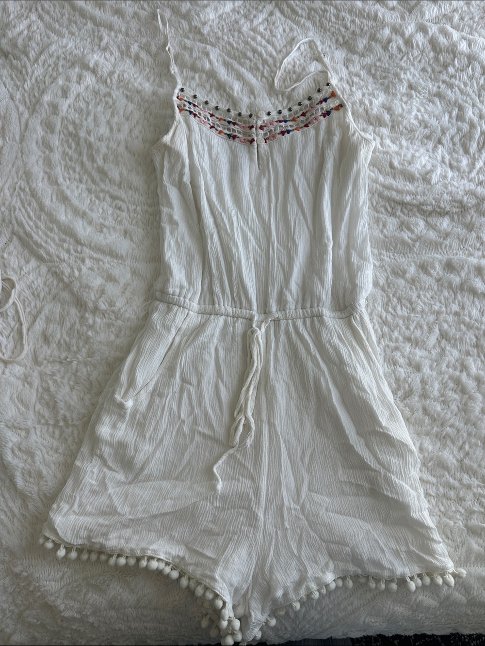 Girls' White Pom-Pom Romper with Embroidered Neckline